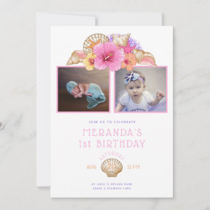 Invitación Flores y conchas tropicales primer cumpleaños