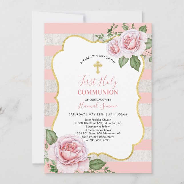 Invitación Flores y Cruz | Primera Comunión de la niña (Anverso)