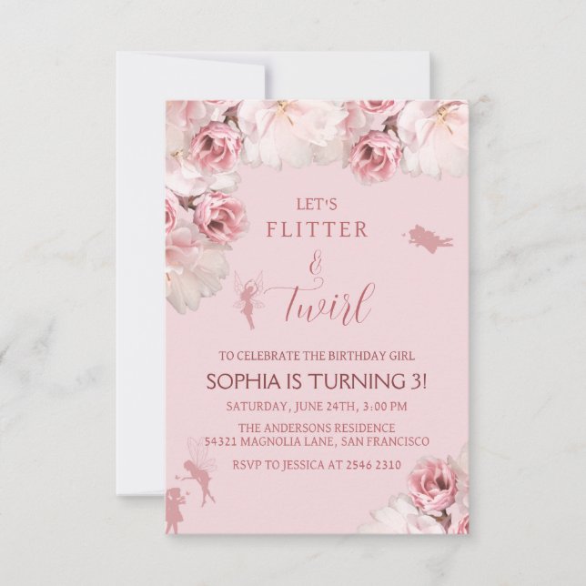 Invitación Flores y cumpleaños de hadas (Anverso)