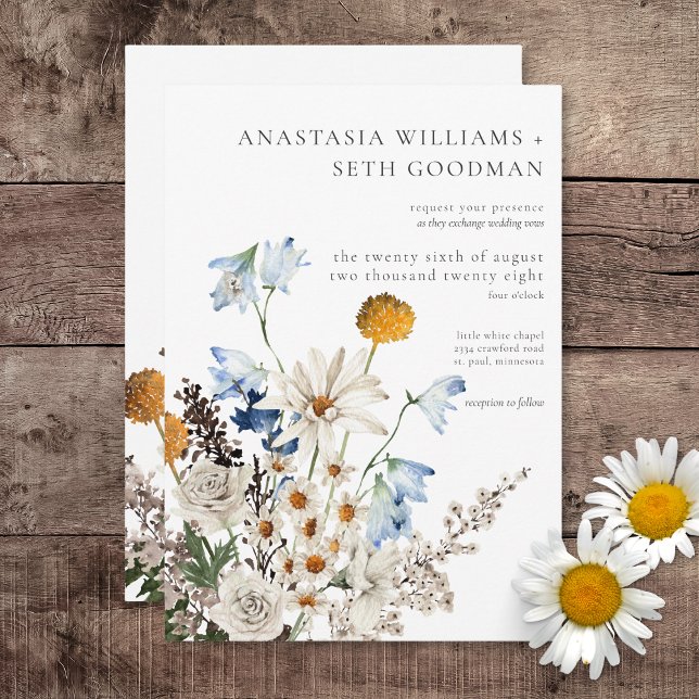 Invitación Flores y Daisies Rústicos Azul (Rustic Dusty Blue Wildflowers & Daisies Wedding Invitation)