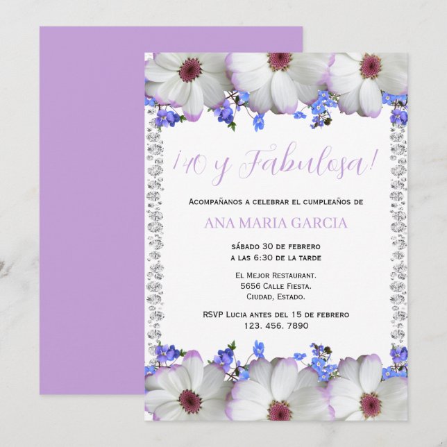 Invitación Flores y diamantes 40 cumpleaños español (Anverso / Reverso)
