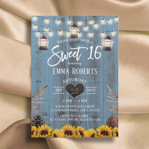 Invitación Flores y farolillos rústicos Dusty Blue Sweet 16