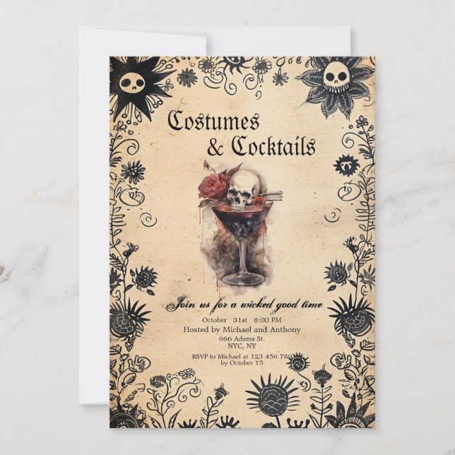 Invitación Flores Y Fiesta De Halloween Con Disfraces De Mugr (Anverso)