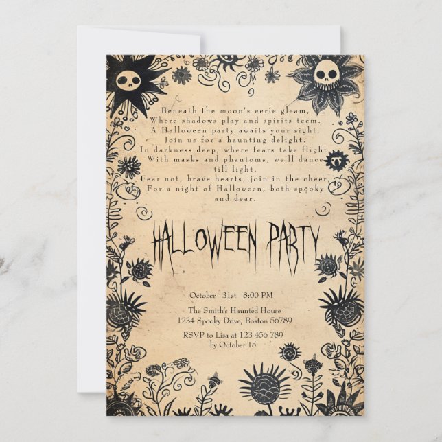 Invitación Flores Y Fiesta De Poema De Halloween (Anverso)