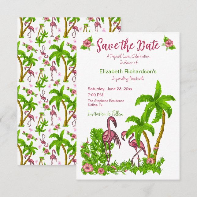 Invitación Flores y flamencos tropicales salvan la fecha (Anverso / Reverso)
