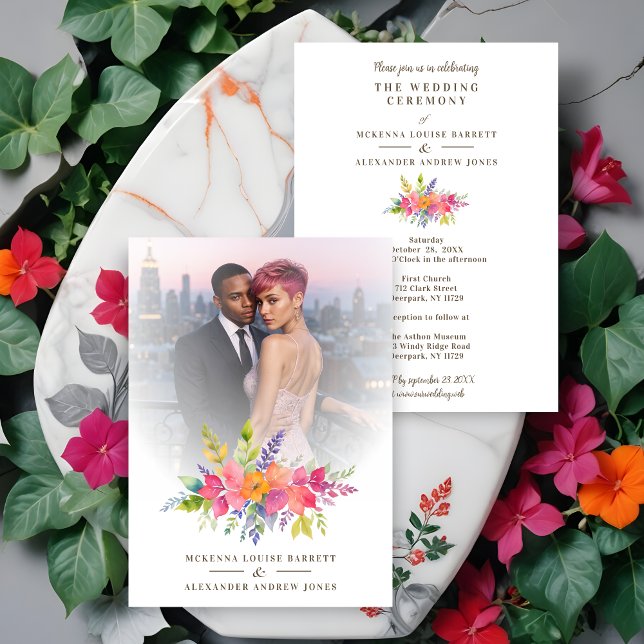 Invitación Flores y Foliage Garland, muy apreciadas (Cherish Colorful Flowers & Foliage Garland Photo Wedding Invitations Cards. )