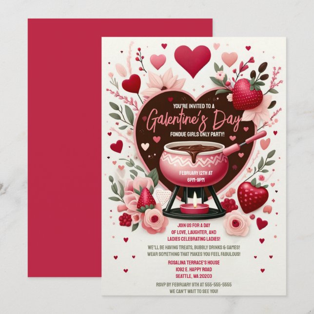 Invitación Flores y fresas Fiesta Fondue de Galentine (Anverso / Reverso)