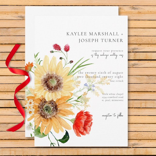 Invitación Flores y girasoles de verano rústicos (Rustic Summer Wildflowers & Sunflowers Invitation)