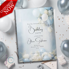 Invitación Flores y globos azules polvorientos Cumpleaños QR