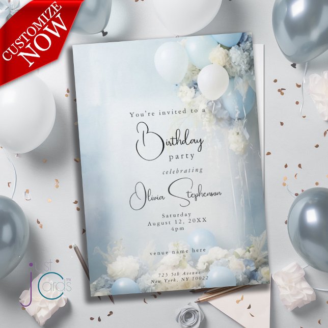 Invitación Flores y globos azules polvorientos Cumpleaños QR  (Easily customized text )
