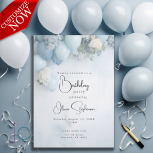 Invitación Flores y globos blancos azul húmedo de QR