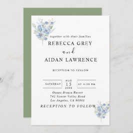 Invitación flores y hojas acuarela azul polvoriento rústico