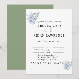 Invitación flores y hojas de acuarela azules polvorientas rús