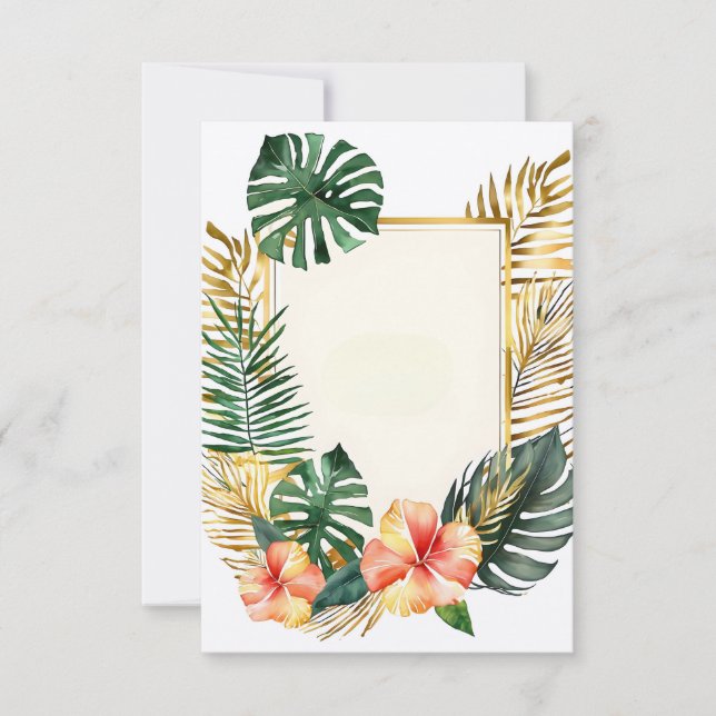 Invitación flores y hojas de marco tropicales bodas (Anverso)