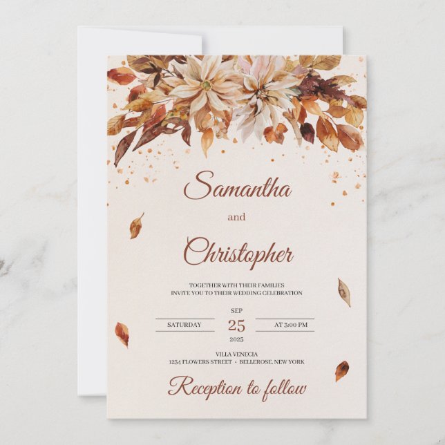 Invitación Flores y hojas de otoño y otoño boda (Anverso)