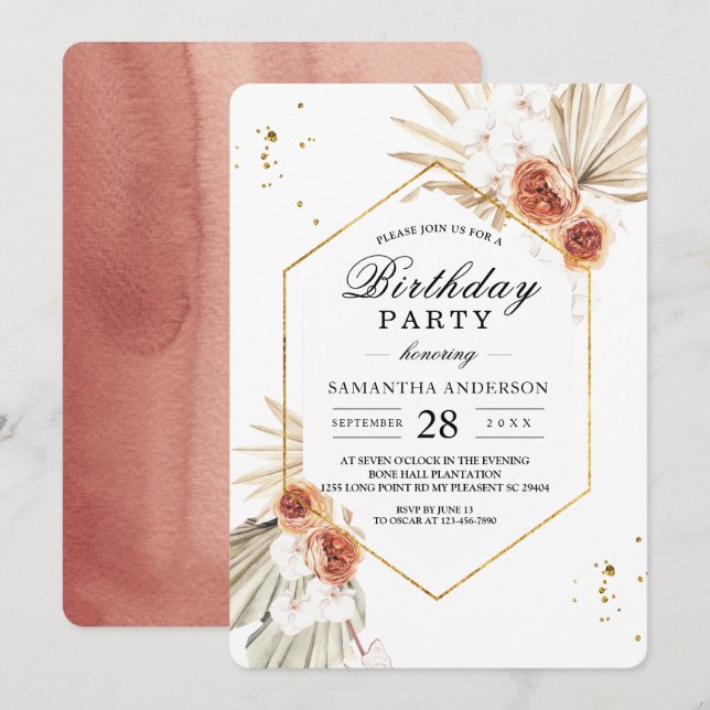 Invitación Flores y hojas de palma secas de terracota bohemia (Anverso / Reverso)