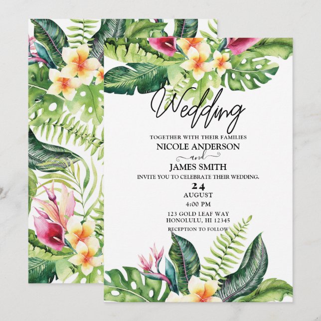 Invitación Flores y Hojas Tropicales Boda Floral (Anverso / Reverso)