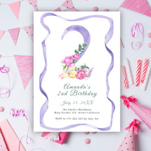 Invitación Flores y lazo número Fiesta de cumpleaños número 2