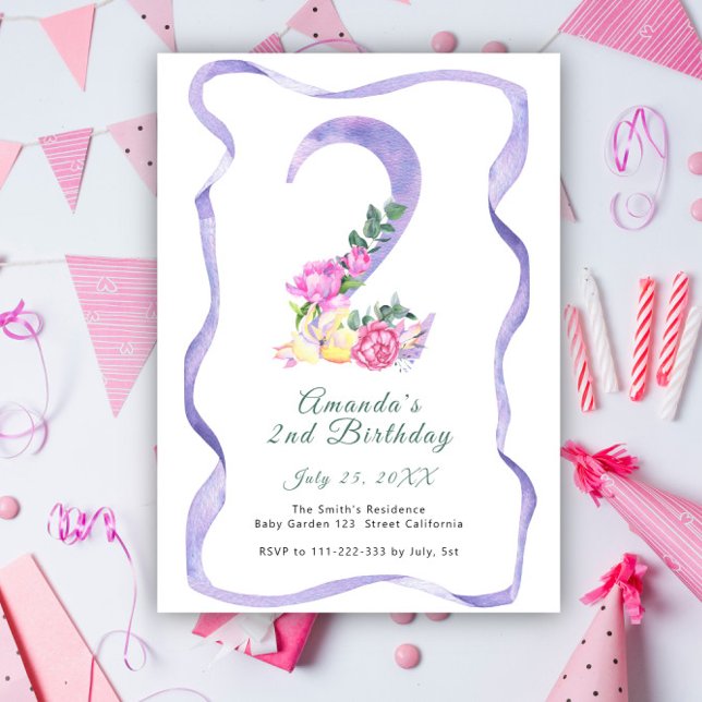 Invitación Flores y lazo número Fiesta de cumpleaños número 2 (Subido por el creador)