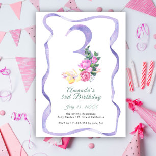 Invitación Flores y lazo número Fiesta de cumpleaños número 3
