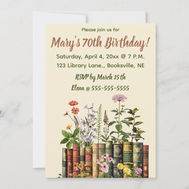 Invitación Flores y Libros Editables de Cumpleaños (Anverso)