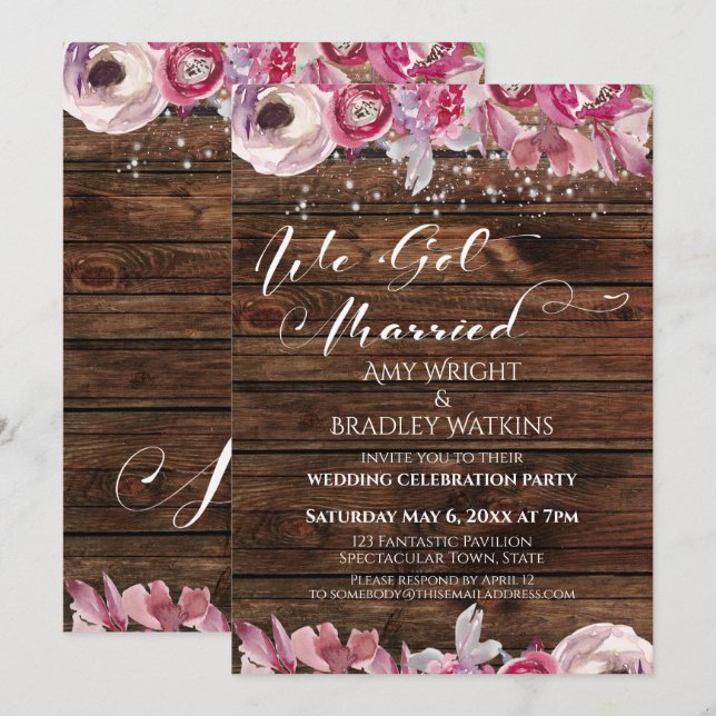 Invitación Flores y Luces en Acuarela Rústica Nos Casamos (Anverso / Reverso)