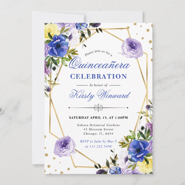 Invitación Flores y Marco Morado y Crema Quinceañera (Anverso)