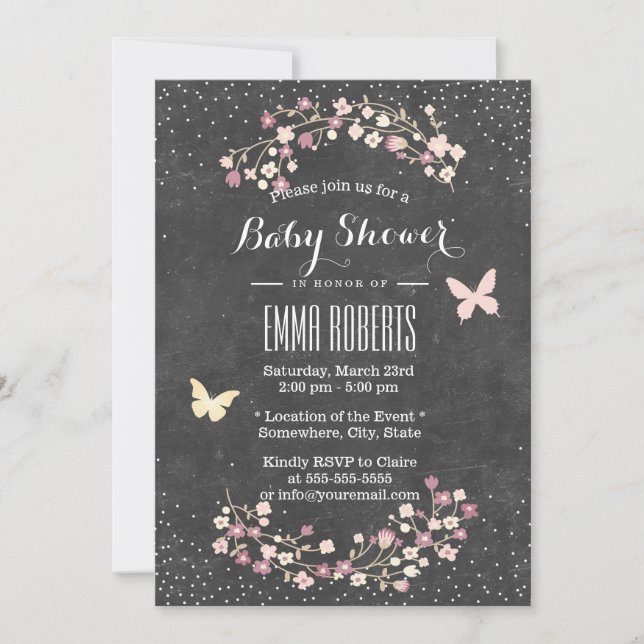 Invitación Flores y mariposa de pizarra de pizarra Baby Showe (Anverso)