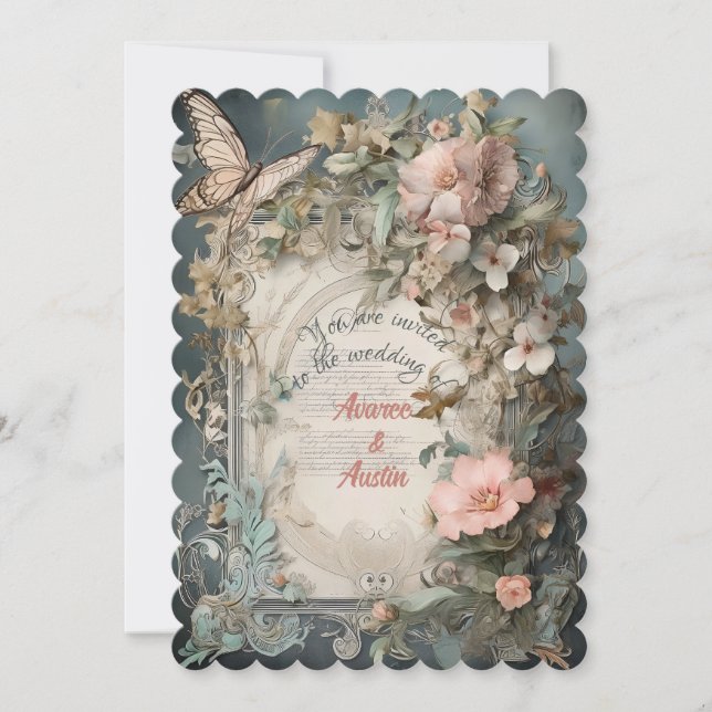 Invitación Flores y mariposas azules y rosas de Victoria (Anverso)