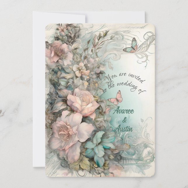 Invitación Flores y mariposas azules y rosas de Victoria (Anverso)