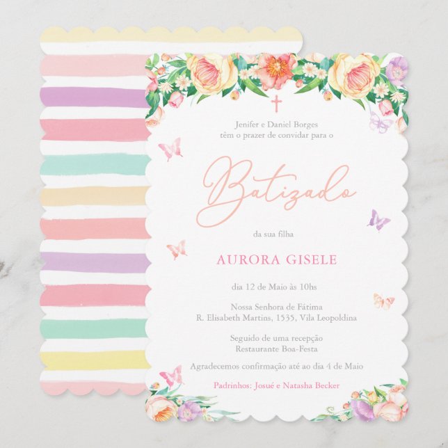Invitación Flores y mariposas Bautismo Portugués Batizado (Anverso / Reverso)
