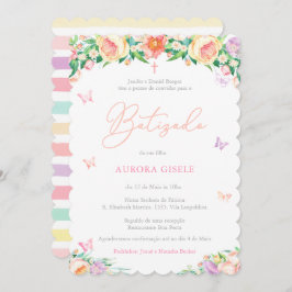 Invitación Flores y mariposas Bautismo Portugués Batizado