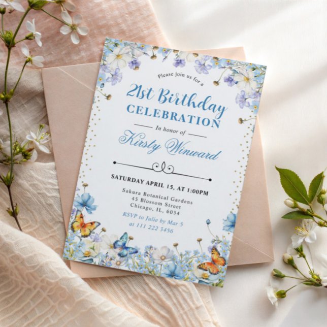 Invitación Flores y mariposas blancas azules Cumpleaños (Subido por el creador)