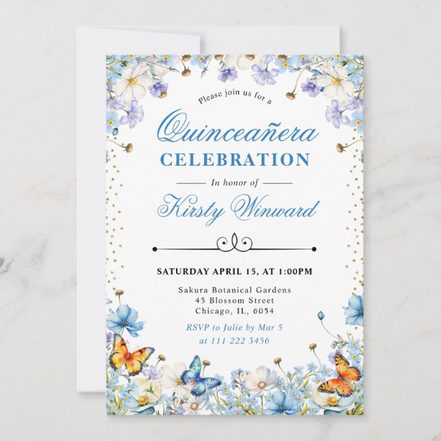 Invitación Flores y mariposas blancas azules Quinceanera (Anverso)