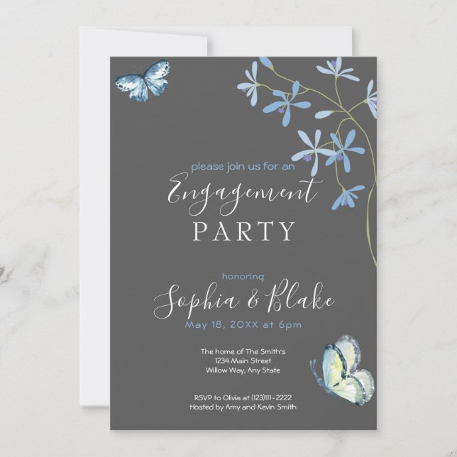 Invitación Flores y Mariposas | Fiesta de Compromiso Gris (Anverso)