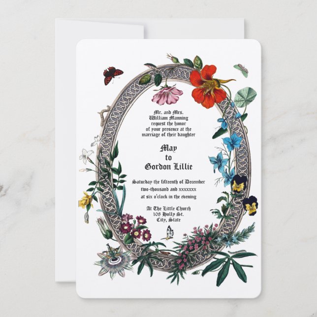 Invitación Flores y mariposas rococó barrocas marco ovalado (Anverso)