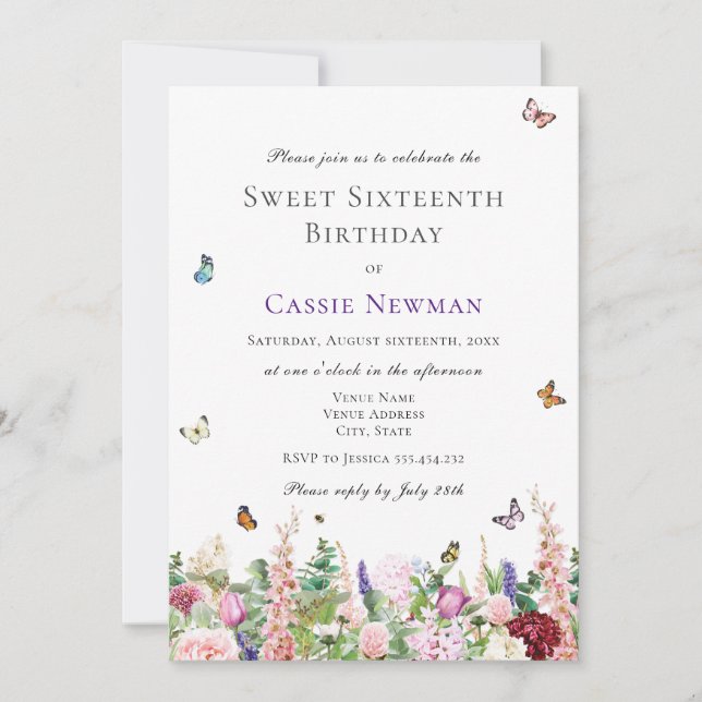 Invitación Flores y mariposas rosadas púrpuras | 16.º cumplea (Anverso)