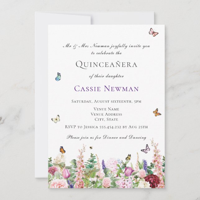 Invitación Flores y mariposas rosadas púrpuras | Quinceañera (Anverso)