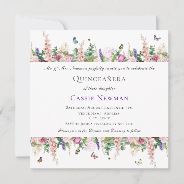 Invitación Flores y mariposas rosadas púrpuras | Quinceañera (Anverso)