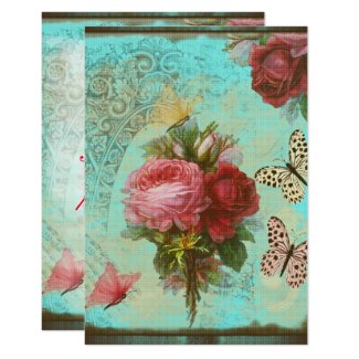 Invitación flores y mariposas vintage en turquesa