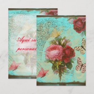 Invitación flores y mariposas vintage en turquesa