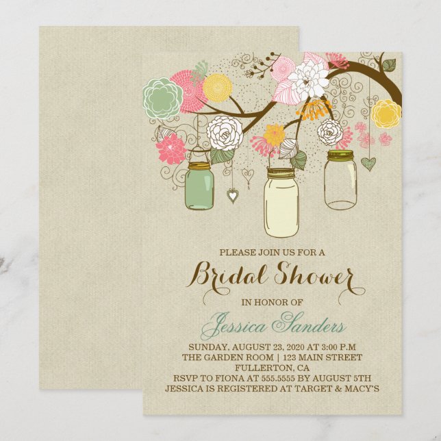 Invitación Flores y mason Jars Bridal Shower (Anverso / Reverso)