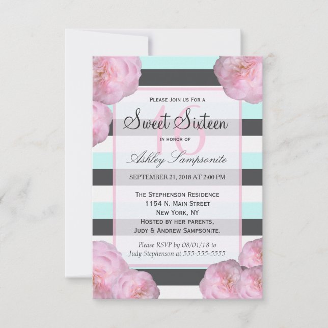 Invitación Flores y menta rosadas, rayas blancas y grises de  (Anverso)