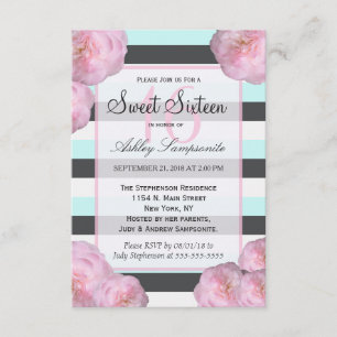 Invitación Flores y menta rosadas, rayas blancas y grises de 