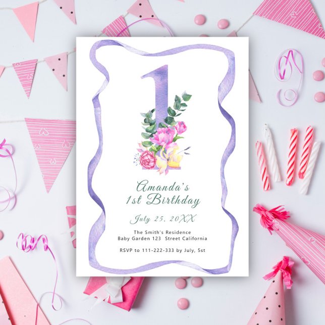 Invitación Flores y número de cinta Primer Fiesta de cumpleañ (Subido por el creador)