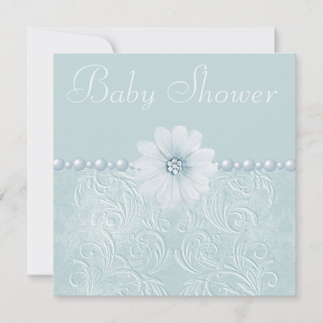 Invitación Flores y perlas azules de Baby Shower Bling del (Anverso)