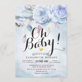 Invitación Flores y plumas bohemias de color de agua de Baby 