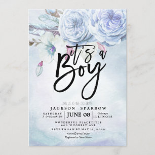 Invitación Flores y plumas bohemias de color de agua de Baby