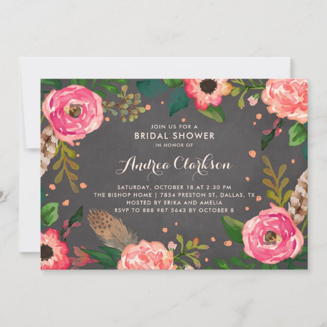 Invitación Flores y plumas Chalkboard Bridal Shower (Anverso)