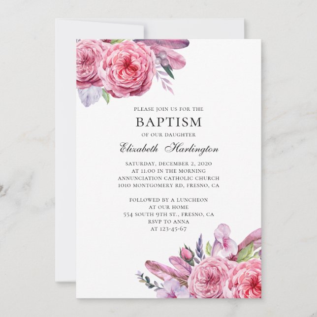 Invitación Flores y plumas rosas. Bautismo floral de Boho (Anverso)